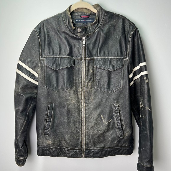 Men’s Tommy Hilfiger leather motorcycle racer jacket racing St - Picture 1 of 7
